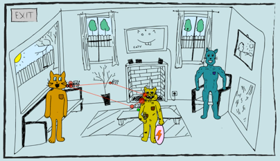 Cat family in living room watching each-others