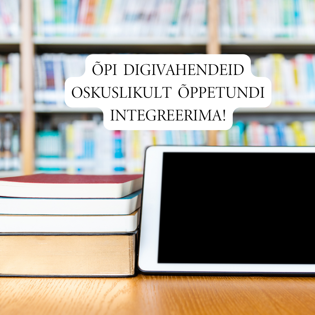 Raamatud ja digiseade raamatukogu taustal
