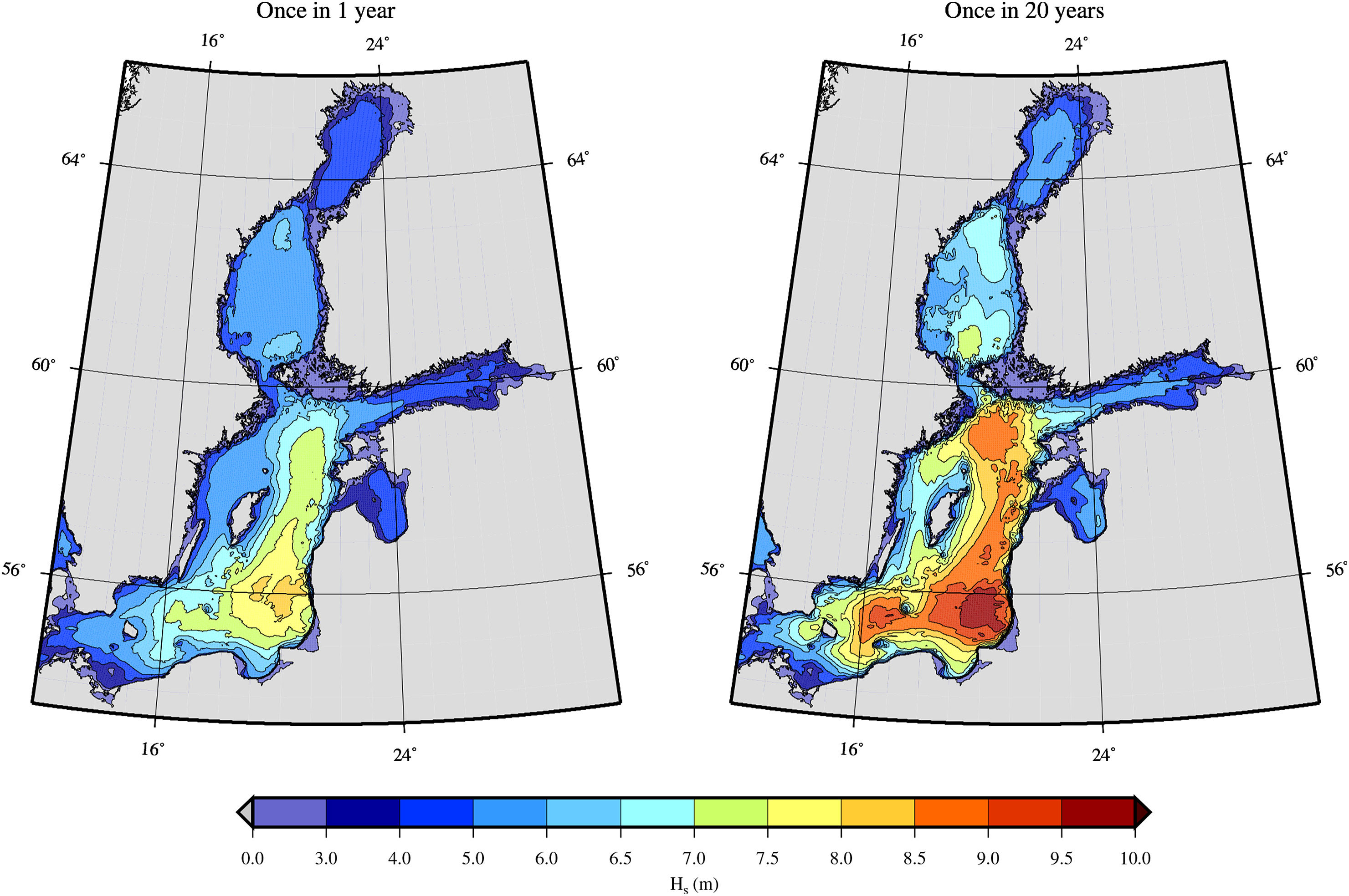 Oluline lainekõrgus (m), mis esineb vähemalt kord aastas (vasak) ja vähemalt kord 20 aasta (parem) jooksul (https://doi.org/10.1016/j.oceaneng.2018.01.048)