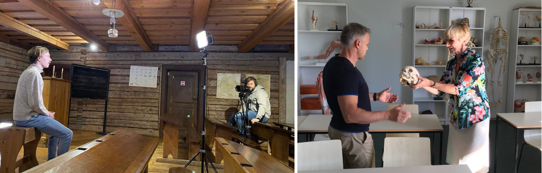 Minutiloengute kaadritagused pildid: Joonas Plaan vabaõhumuuseumis filmimisel, Indrek Treufeld tutvumas inimskeleti maketiga