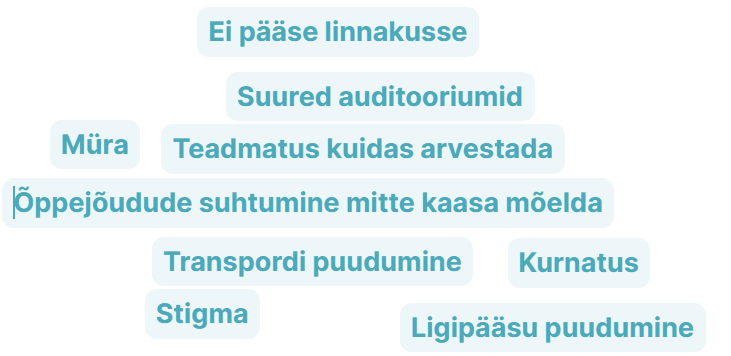 ei pääse linnakusse suured auditooriumid müra teadmatus kuidas arvestada transpordi puudumine stigma kurnatus ligipääsu puuudmine õppejõudude suhtumine mitte kaasa mõelda 