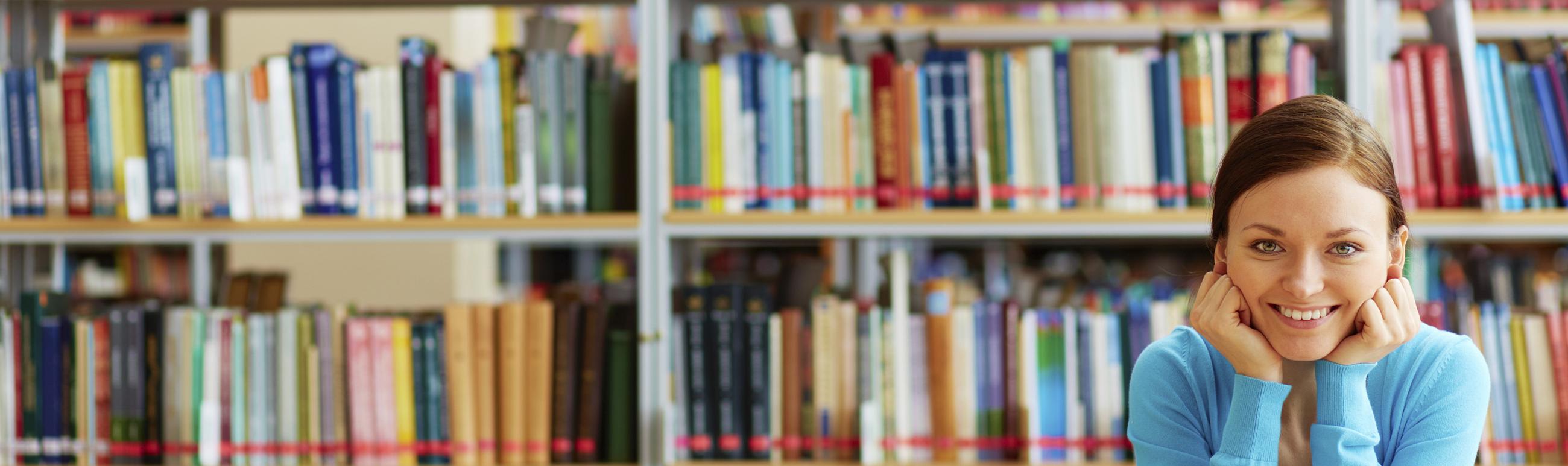 bookshelves and a woman